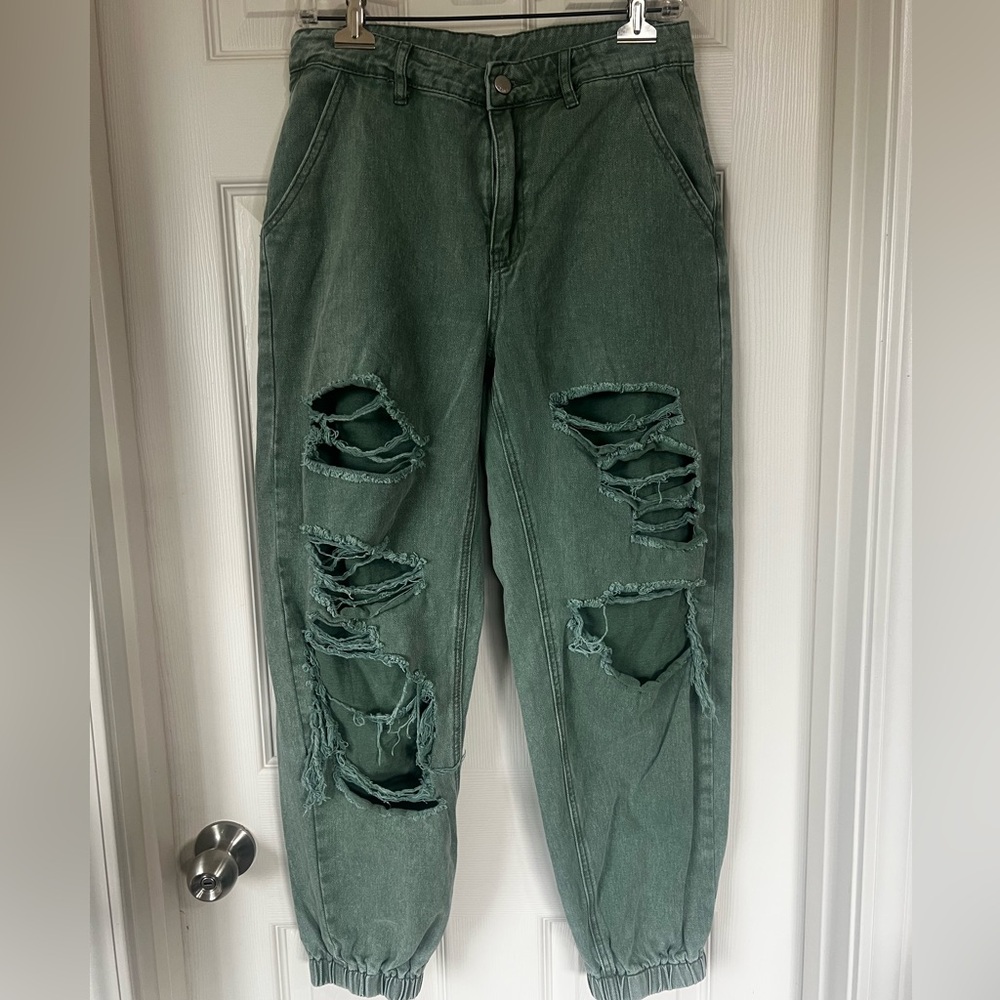 SHEIN Sage Green Distressed Jeans